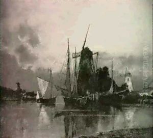 Hafen Mit Fischerbooten Und Windmuhlen Am Ufer by Karl Heffner