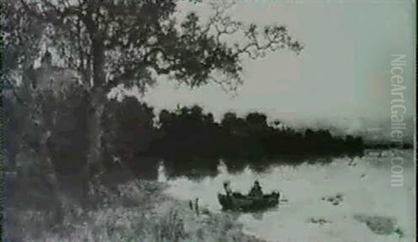 Figures In A Rowing Boat In An Extensive River Landscape - view 1