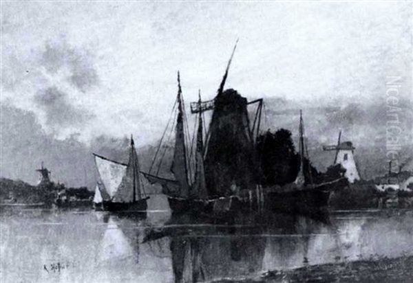 Hollandische Flusslandschaft Mit Fischkuttern, Die Vor Einer Bockwindmuhle Ankern - view 1