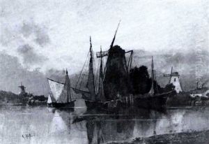Hollandische Flusslandschaft Mit Fischkuttern, Die Vor Einer Bockwindmuhle Ankern by Karl Heffner