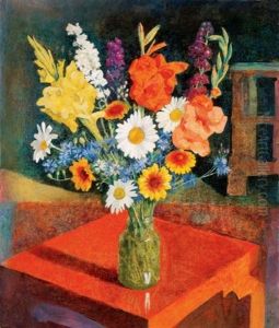 Viragcsendelet Piros Asztalon (still Life Of Flowers On A Red Table) by Endre Hegedues