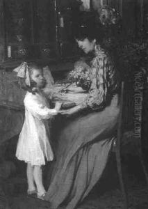 Woman At Writing Desk With Young Girl by Laszlo Hegedus