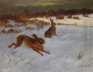 Zwei Hasen Auf Einer Verschneiten Heide by Emanuel Hegenbarth