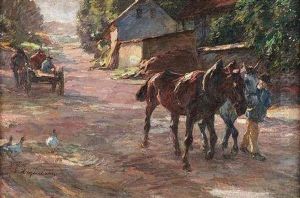 Sommertag Auf Dem Lande. Pferdefuhrwerk Und Pferdegespann Auf Einer Dorfstrase by Emanuel Hegenbarth