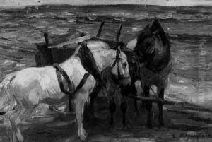 Drei Angeschirrte Pferde Mit Karren In Weiter Landschaft by Emanuel Hegenbarth