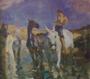 Reiter Mit Pferden Am Wasser by Emanuel Hegenbarth