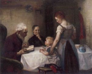 Grosvater Liest Vor, Wahrend Enkel, Mutter Und Grosmutter Um Den Tisch Versammelt Sind by Otto Heichert