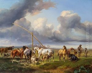 Pferdetranke In Ungarischer Pusztalandschaft by Joseph Heicke