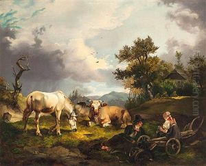 Bauernpaar Bei Der Rast Mit Pferd Und Kuhen Auf Der Bergweide