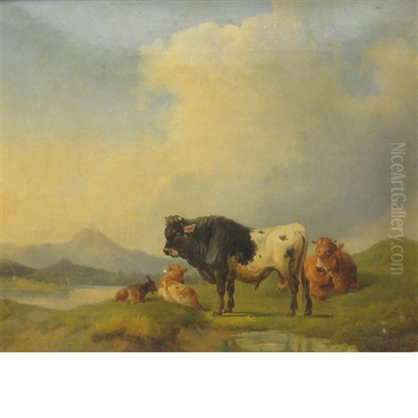 Cows In A Meadow, A Lake In The Distance - view 1