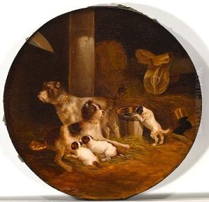 Wirehaired Fox Terrier Family In The Stable by Joseph Heicke