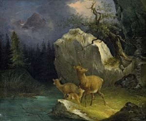 Rehe Am Gebirgsbach by Joseph Heicke