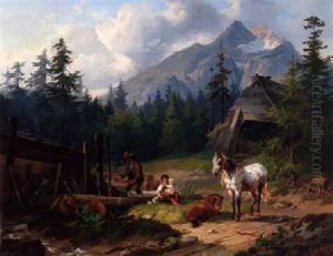 An Austrian Family In An Alpine Landscape by Joseph Heicke