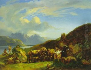 Schafherde Und Angler Am Seeufer by Joseph Heicke