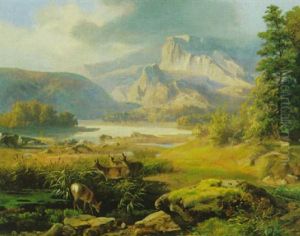 Rehwild Am Flusufer by Joseph Heicke