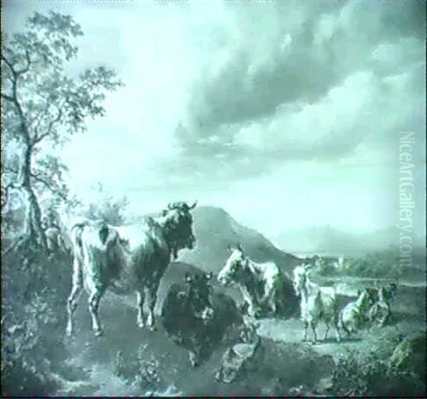 Hirtenpaar Mit Weidender Herde Von Kuhen Und Ziegen In Weiter Landschaft - view 1