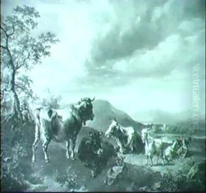 Hirtenpaar Mit Weidender Herde Von Kuhen Und Ziegen In      Weiter Landschaft by Joseph Heicke