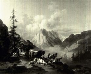 Berger Et Bergere Gardant Un Troupeau Dans La Montagne by Joseph Heicke