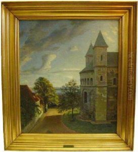 Weg Mit Hauserzeile Und Ruckansicht Einer Kirche, Unten Links Signiert Und Datiert Chr. Bang 1894 Weg Mit Hauserzeile Und Ruckansicht Einer Kirche, Unten Links Signiert Und Datiert Chr. Bang 1894