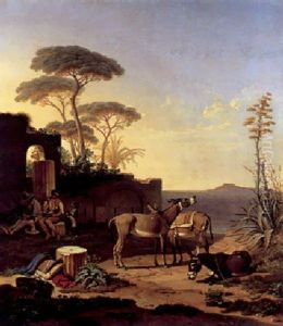 Kustenlandschaft In Suditalien Mit Rastenden Eseltreibern by Karl Wilhelm Von Heideck