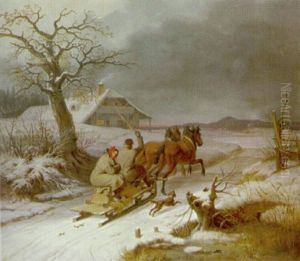 Fahrt Im Pferdeschlitten Durch Winterlandschaft Bei Abenddammerung