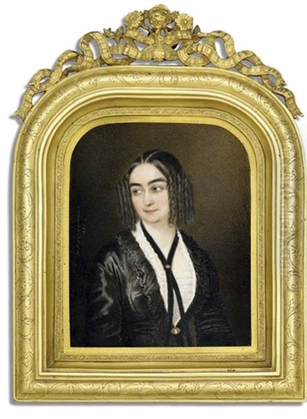 Lola Montes In Black Lace-bordered Black Silk Dress Pinned At Waist With Gold-set Cameo Brooch, Frilled White Shirt, Gold-set Cameo Brooch Pinned On A Long Black Ribbon Necklace, Her Hair In Ringlets - view 1
