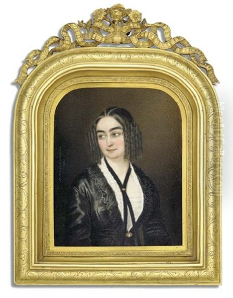 Lola Montes In Black Lace-bordered Black Silk Dress Pinned At Waist With Gold-set Cameo Brooch, Frilled White Shirt, Gold-set Cameo Brooch Pinned On Ribbon Necklace, Her Hair In Ringlets - view 1