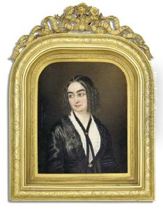 Lola Montes In Black Lace-bordered Black Silk Dress Pinned At Waist With Gold-set Cameo Brooch, Frilled White Shirt, Gold-set Cameo Brooch Pinned On Ribbon Necklace, Her Hair In Ringlets