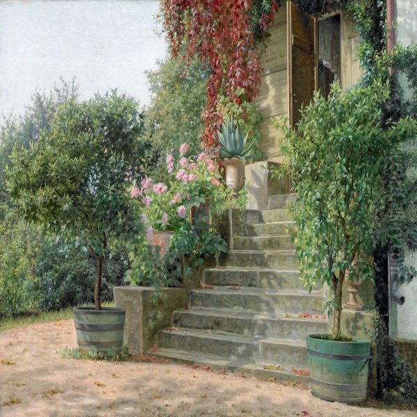 Flowers And Trees By Aflight Of Steps In A Garden Exterior - view 1