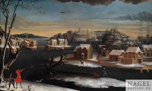 Winterliche Entenjagd In Verschneiter Kanallandschaft Mit Dorfern