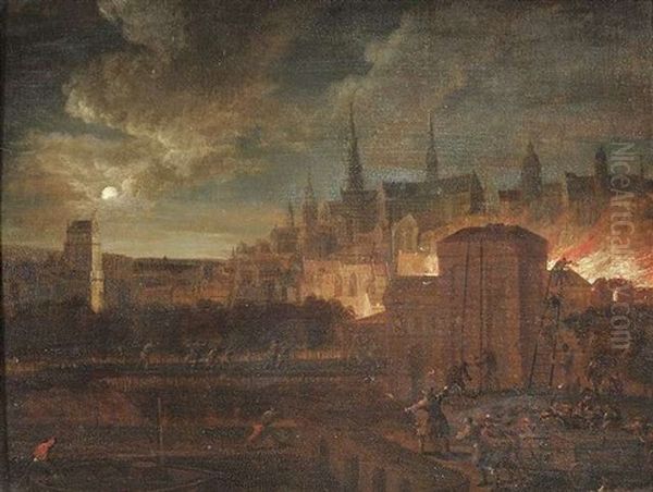 Nachtliche Feuersbrunst Vor Den Toren Einer Stadt - view 1