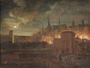 Nachtliche Feuersbrunst Vor Den Toren Einer Stadt