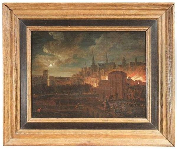 Nachtliche Feuersbrunst Vor Den Toren Einer Stadt - view 1