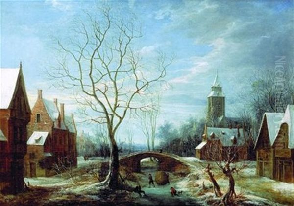 Patineurs Sur Une Riviere Gelee Dans Un Village Enneige - view 1
