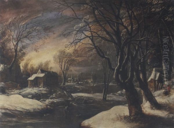 A Winter Landscape With A Kolf Player And His Dog On A Frozen River By A Village - view 1