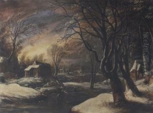A Winter Landscape With A Kolf Player And His Dog On A Frozen River By A Village by Daniel van Heil