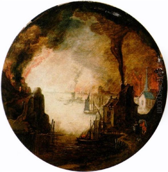 A Burning Mediterranean Seaport With A Fleeing Family - view 1