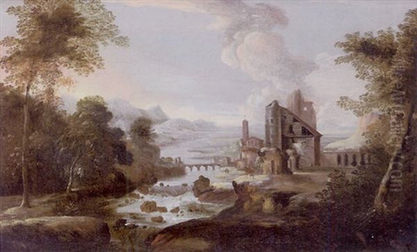 Cavaliers Au Bord D'une Cascade Avec Ruines - view 1