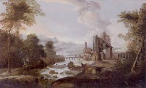 Cavaliers Au Bord D'une Cascade Avec Ruines