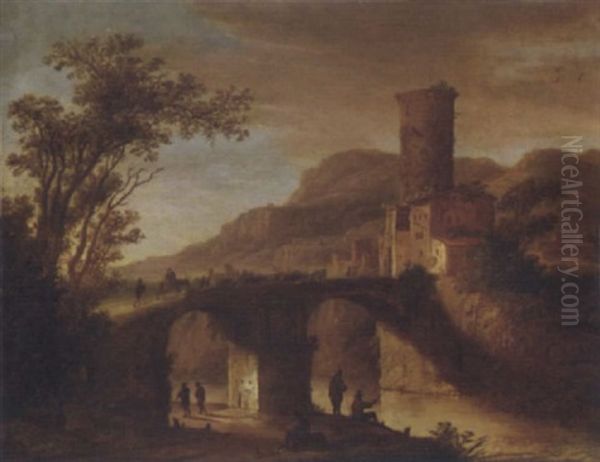 An Italianate Landscape With Fishermen By A River And Peasants Crossing A Bridge Leading To A Town - view 1