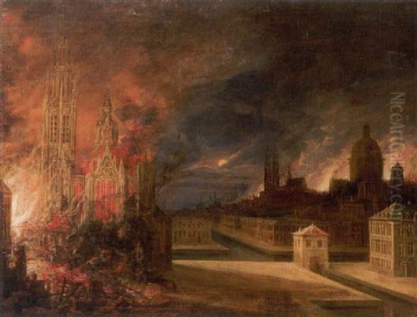 A View Of Antwerp By Moonlight With Numerous Buildings On Fire - view 1
