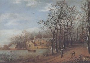 Winterlandschaft Mit Einem Teich Und Einem Jager, Im Hintergrund Ein Wasserschloss