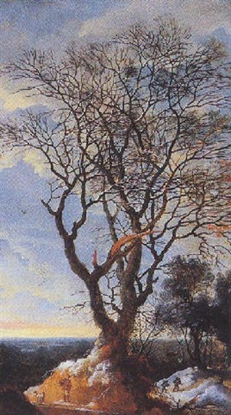 A Winter Landscape With Huntsmen Near A Large Tree - view 1