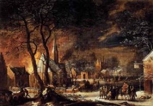 A Winter Landscape With Troops Plundering A Town And The Magdelene Sheltering By A Tree In The Foreground by Daniel van Heil