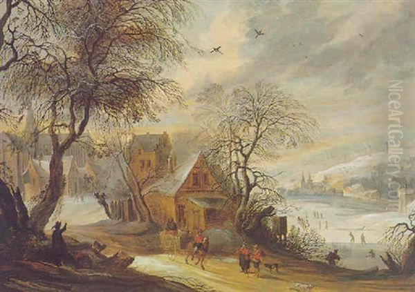 A Winter Landscape With A Village, And A Horse-drawn Cart With Figures On A Track - view 1