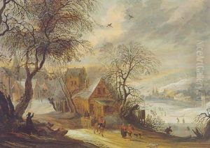 A Winter Landscape With A Village, And A Horse-drawn Cart With Figures On A Track