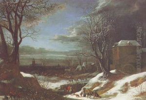 A Winter Landscape With Travellers And Figures Chopping Wood In The Foreground, A Village With A Watermill Nearby by Daniel van Heil