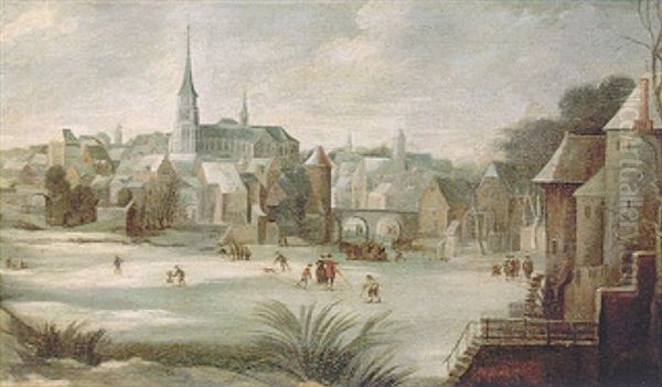 A Winter Townscape With Figures Skating On A Frozen River - view 1