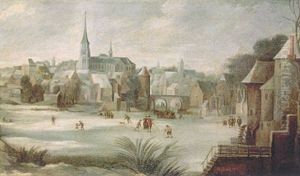 A Winter Townscape With Figures Skating On A Frozen River