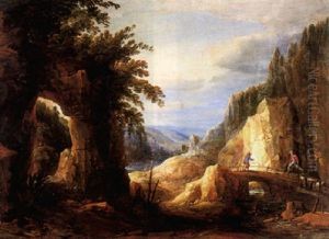Ausgang Einer Felsschlucht Mit Brucke Und Figuren